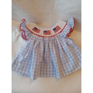 Busy Bee Smocks Baby Girls 9M Blue Gingham American Flag Smocked Dress Patriotic